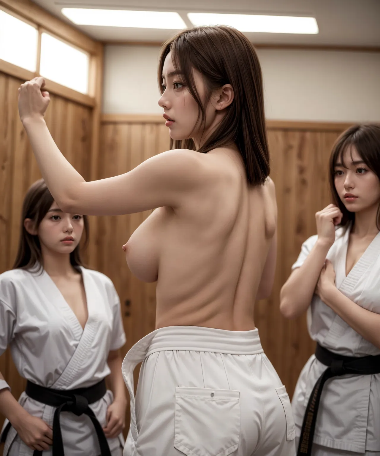 武道を習うJKが真剣な表情でおっぱいやおまんこがポロリまくり！ｗｗなAIエロ画像210枚まとめ！(4ページ目) 10枚目の画像です。