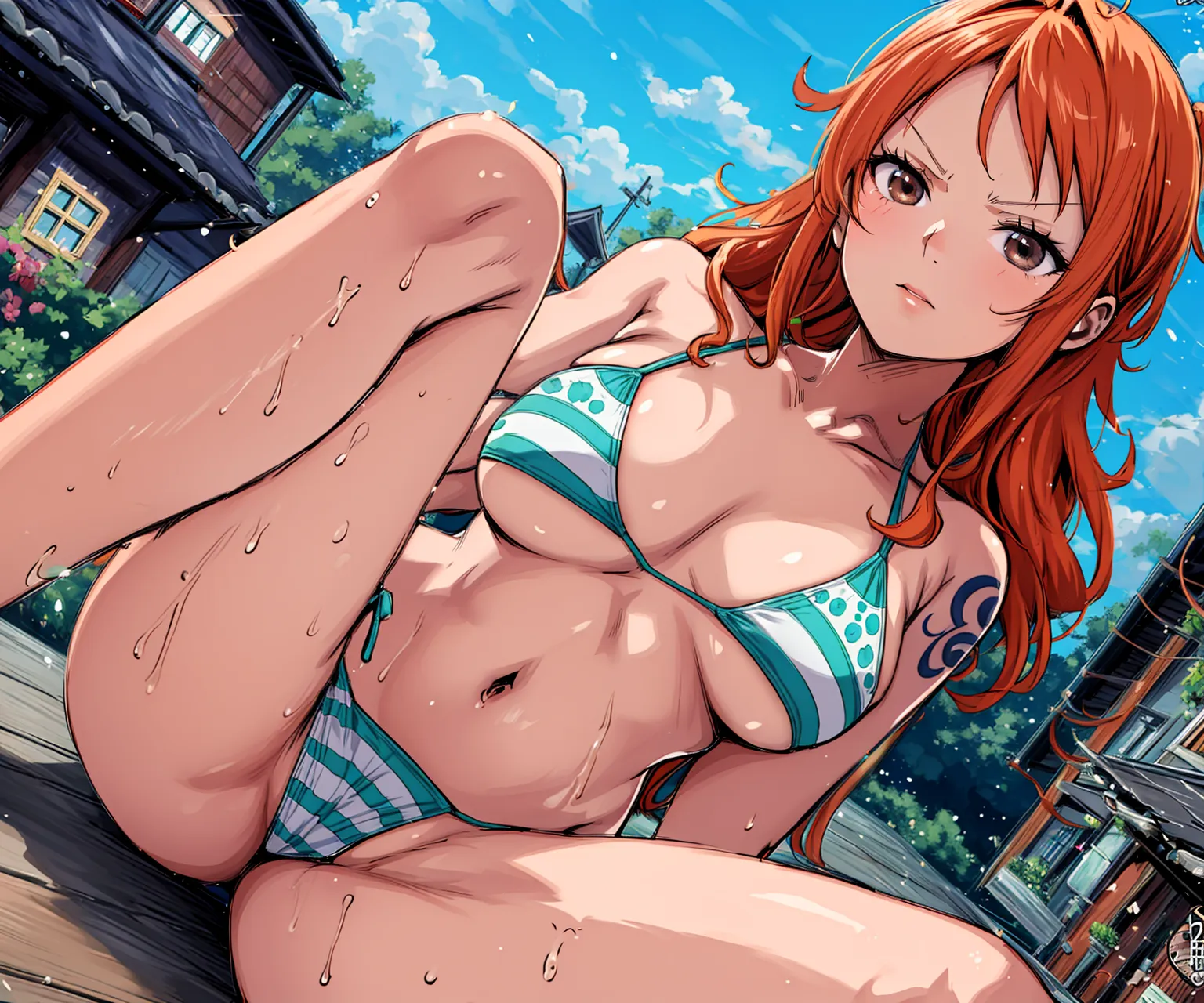 あの有名女海賊ナミさんの少女時代から成長後のエッチなイラストを詰め合わせたAIエロ画像260枚まとめ！(2ページ目)の14枚目の画像です。