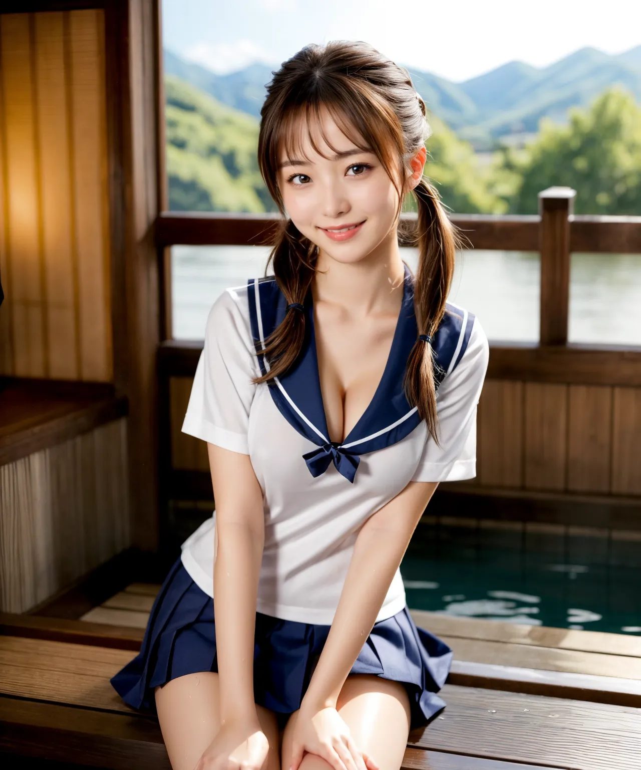 女子校生が制服のまま温泉入って大炎上？！AIが描くヤバくてエロいグラビア画像341枚！(4ページ目)の40枚目の画像です。