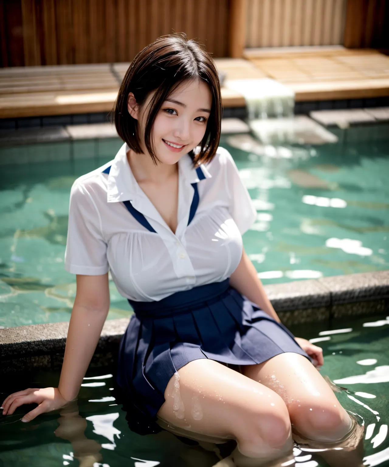 女子校生が制服のまま温泉入って大炎上？！AIが描くヤバくてエロいグラビア画像341枚！の14枚目の画像です。