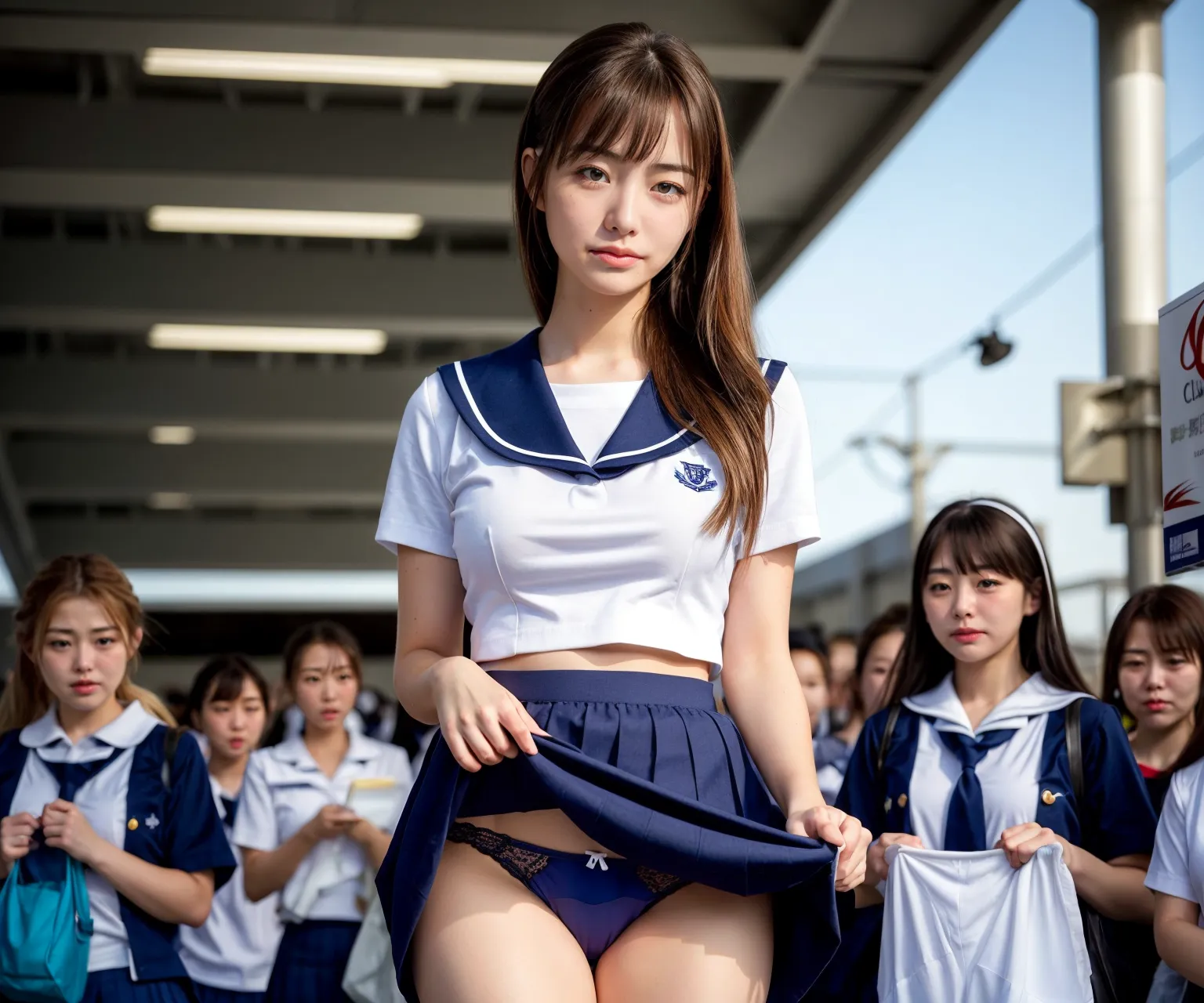 「はぁ…マジ最悪」JKが超嫌そうな顔で下着やおっぱいを露出させられるAI画像400枚！の7枚目の画像です。